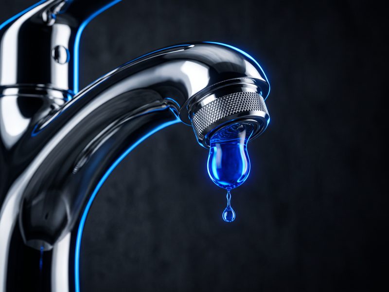 Polished chrome tap with a blue water droplet